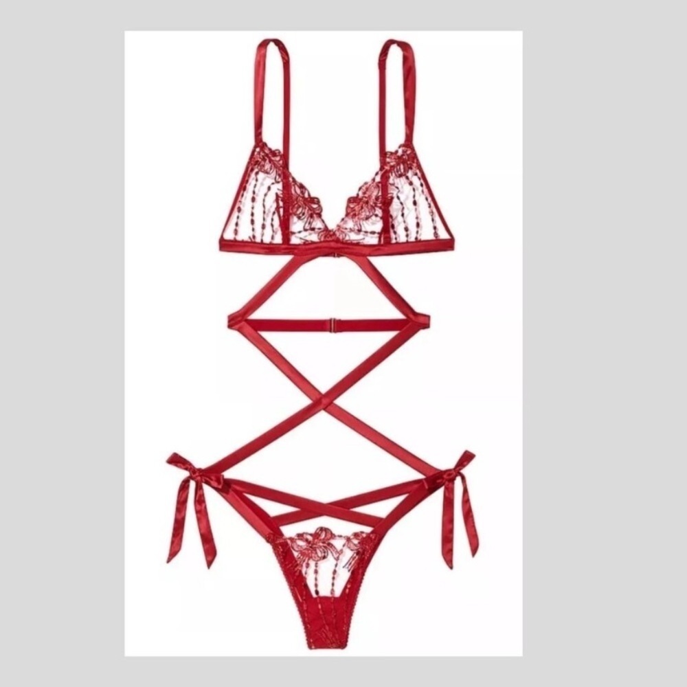 New! Victoria’s Secret Very Sexy Red Bow Embroidery Open-Back Teddy 4405